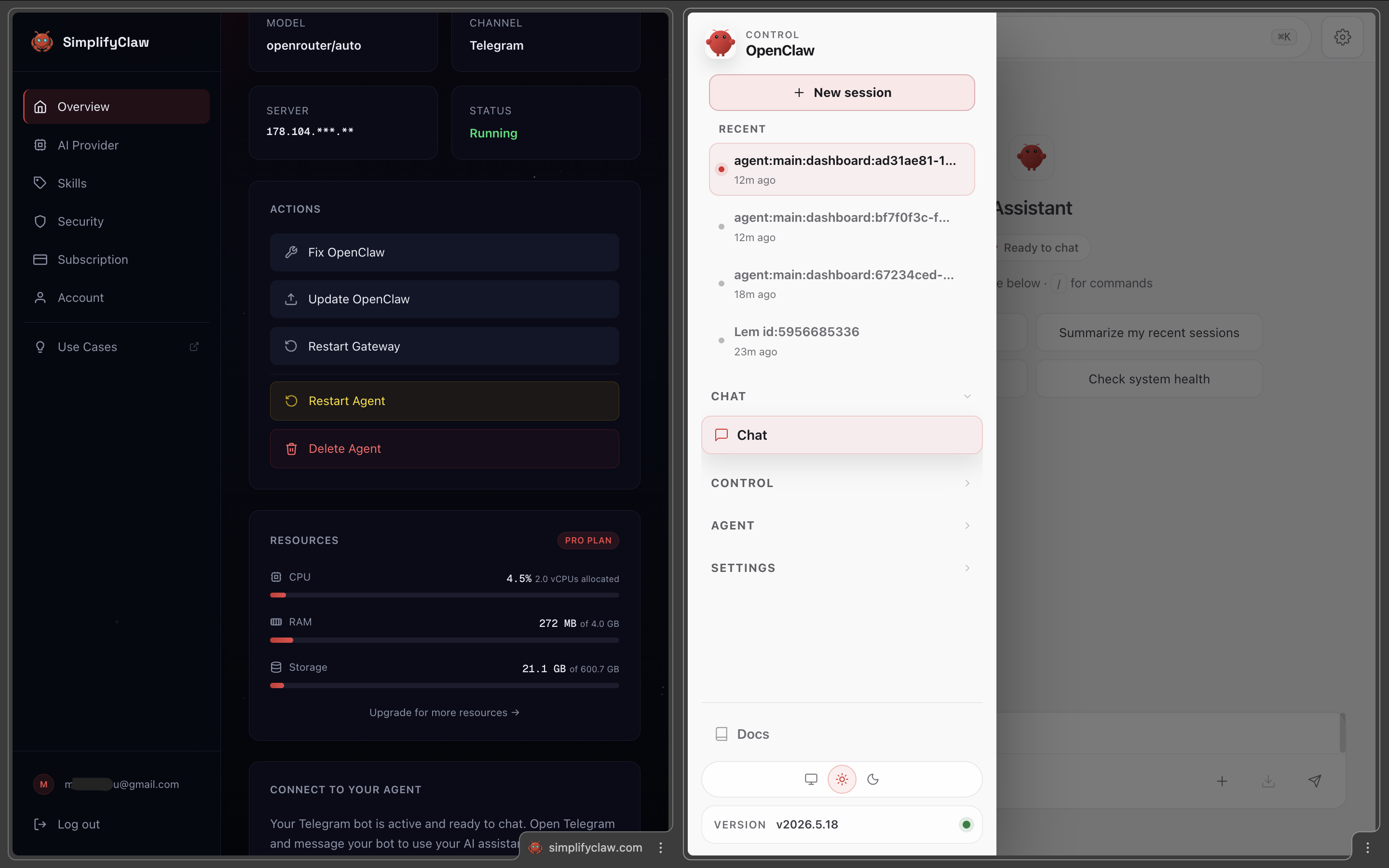 SimplifyClaw dashboard showing an OpenClaw AI agent online with 99.9% uptime, 47 messages today, and 312 tasks completed